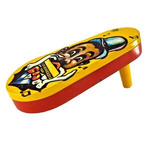 Vintage US Metal Toy Co Tin Litho Harmonica Player Ratchet Noisemaker